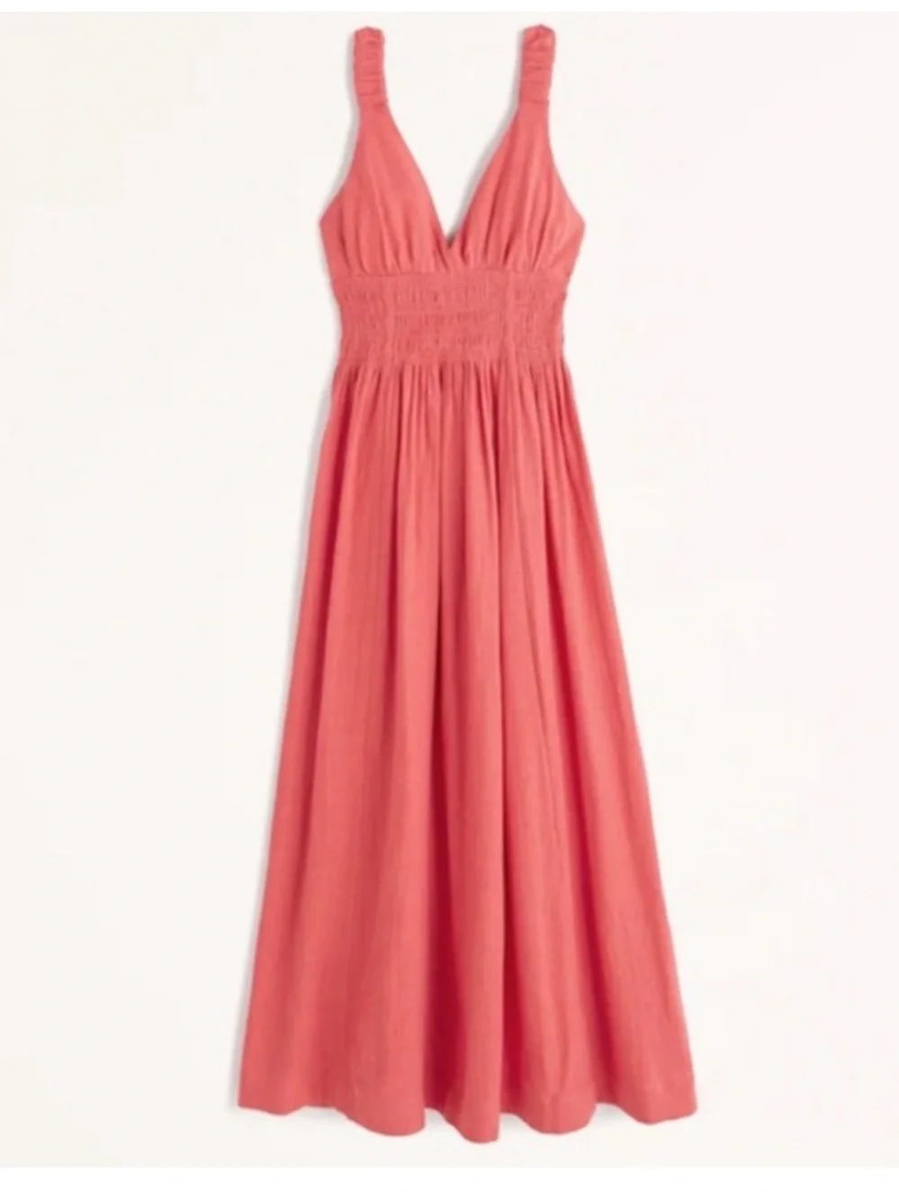NWT Abercrombie Boho Summer Coral Smocked Linen Scrunchie Strap Maxi Dress XS